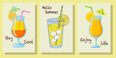 Hello summer. Cocktail, lemon, modern text. Abstract vector illustration. Background for posters, wall art, flyer, banner, greeting card