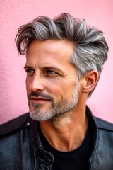 An artistic and modern man captured in a studio. Trendy men's pompadour haircut - midlife white man with grey hair. Conceptual art of style for aging men. Pink solid background.