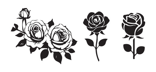 Roses design elements,modern isolated rose flower on a stem with leaves in black and white. vector illustration eps 10.