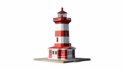 Red and white striped lighthouse with a lantern on top  