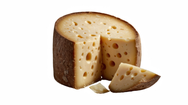 Swiss cheese wheel with sliced piece and holes on white background  