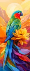 Obraz premium Digital illustration of a colorful parrot sitting on top of a yellow flower. the parrot has a bright green body with blue and red feathers on its head and wings.