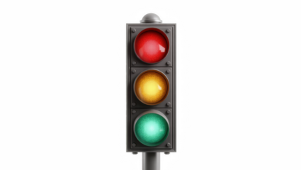 Vertical traffic light displaying red, yellow, and green signals  
