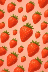 Vibrant and playful strawberry-themed wallpaper with large and small berries arranged horizontally and diagonally in a balanced layout on a blush pink background radiating warmth and sweetness