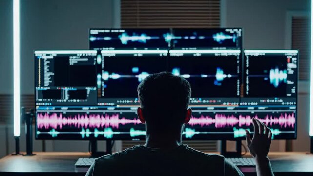 Music Producer Working on Sound at Computer.
