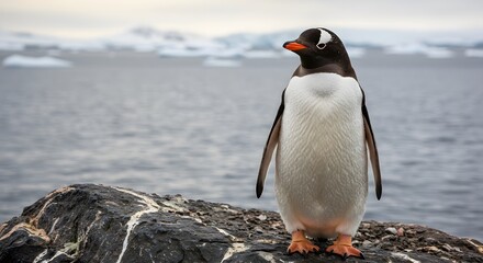 Naklejka premium Majestic Gentoo Penguin Perched on Antarctic Rock, Ocean Background