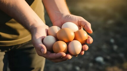 Man holding fresh farm eggs in hands outdoors at sunset  