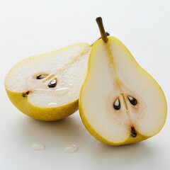 Two Halves of a Ripe Yellow Pear on White Background