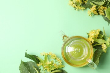 Green tea with fragrant linden in teapot on green background