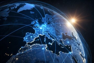 Dark Abstract Background With Glowing Blue Earth And Network Lines