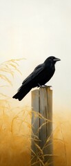 Fototapeta premium Digital illustration of a black crow perched on top of a wooden post. the post appears to be old and weathered, with a rough texture.