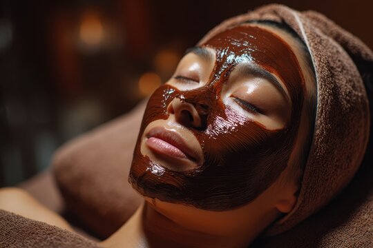 A serene woman relaxing with a chocolate facial mask at a spa, enjoying a peaceful beauty treatment, and unwinding with skin care for a rejuvenated and radiant complexion.