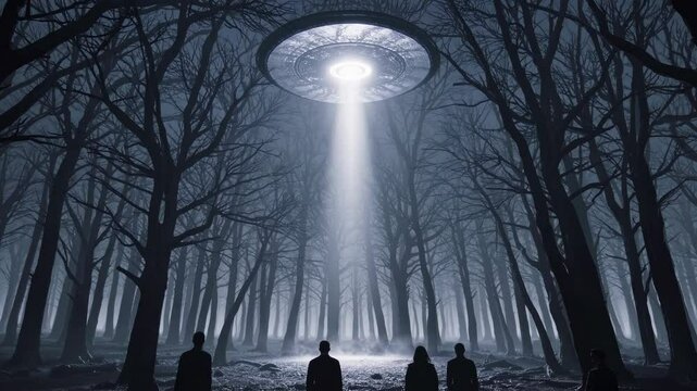 Otherworldly UFO in Foggy Forest Scene