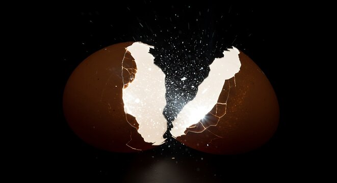 A dramatic high-speed photograph capturing the explosive moment a brown egg shatters.