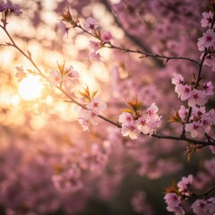 Obraz premium Pink Cherry Blossoms at Sunset