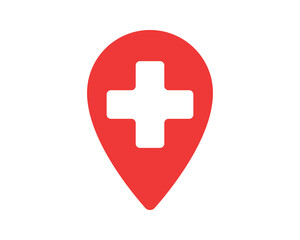Red map pin with a white cross inside, symbolizing healthcare location or medical services. Modern design, perfect for websites, apps,  presentations.