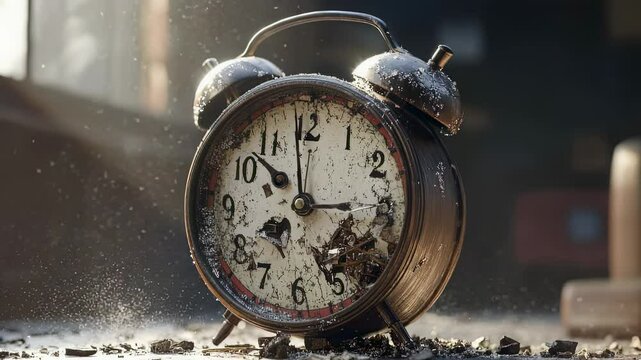 Dramatic close-up of a shattered vintage alarm clock with debris flying, time concept