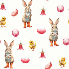Seamless pattern with Easter bunny, baby chicken, flowers, eggs in watercolour style. Happy esater concept. Spring flowers, eggs, grass.