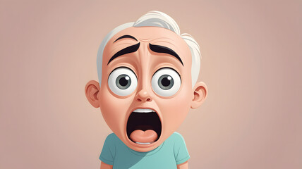 A startled cartoon grandpa with wide eyes and open mouth shows a funny surprised expression perfect for animation film designs or meme creation