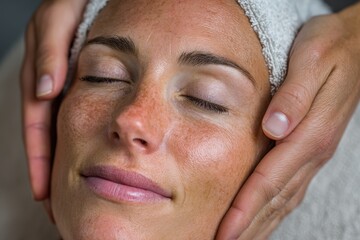 Obraz premium Close-up shot of a serene woman with freckles receiving a facial massage, her eyes closed, hands softly touching her face, enjoying a moment of relaxation and wellness.