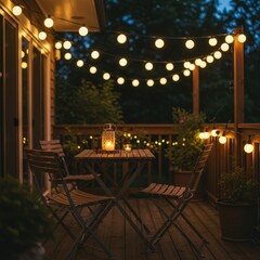Warm Evening on a Wooden Deck with String Lights