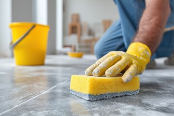 Close-up of a man cleaning a grey tiled floor with a yellow sponge and a bucket, wearing protective gloves, focusing on detail and cleanliness for a sparkling finish.