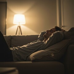 Man Relaxing on a Grey Couch at Night