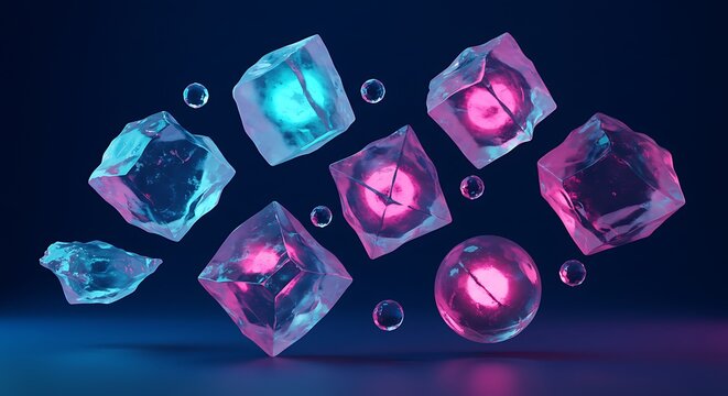 A dynamic 3D rendering of abstract ice cubes and spheres floating in a dark, futuristic space. The crystals are illuminated by vibrant neon pink and blue lights, with some containing glowing orbs at t