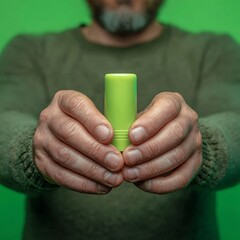 Green Balm Presentation: Man Holding Skincare Product