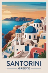 Obraz premium Retro Travel Poster of Santorini Island at Sunset, Greece