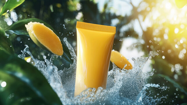 Empty cosmetic tube surrounded by lush tropical leaves. Mango slices, splashing in fresh water under sunlight. Empty Packaging Mockup For Product Brand