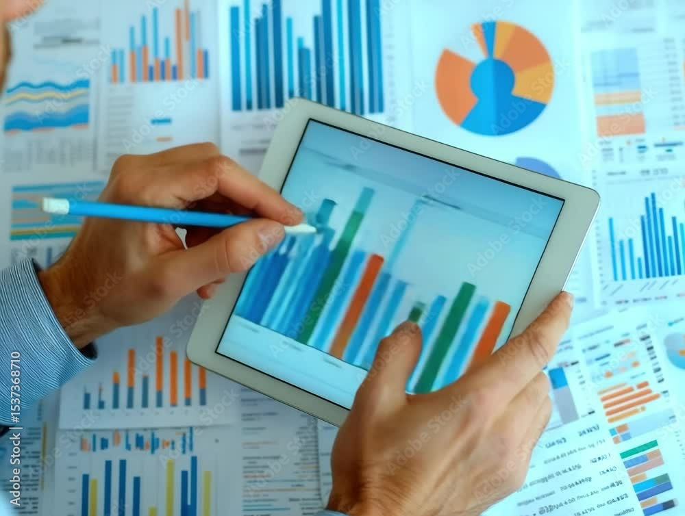 Poster detailed analysis of data trends and statistics using tablet in office setting during work hours