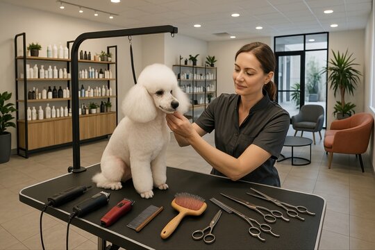 A female groomer smiles, gently holds a white poodle by the chin at a black grooming table, surrounded by tools and shampoo jars. The bright and clean room creates a cozy atmosphere.