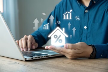 Real Estate Market Growth: Business Professional Using Digital Technology and Data Analysis for Property Investment and Percentage Increase in a Modern Workspace