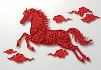 Red Quilling Horse Silhouette with Cloud Motifs – Zodiac 2026 Celebration