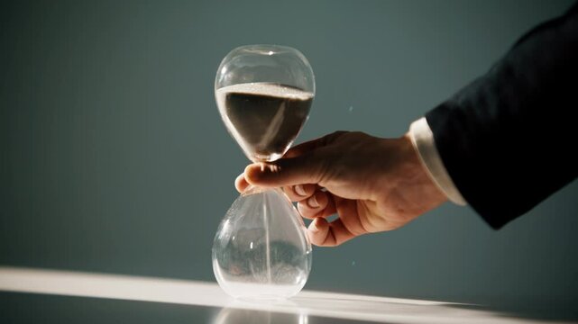 Closeup hand turning hourglass starting new countdown in sunlight. Sand flowing