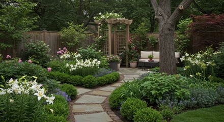 Obraz premium Peaceful Garden Patio with Blooming Flowers and Stone Path