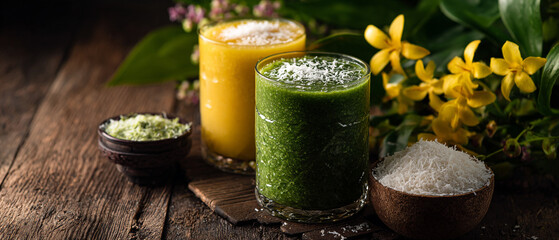 Two smoothies with coconut flakes on a wooden table surrounded by flowers and greenery