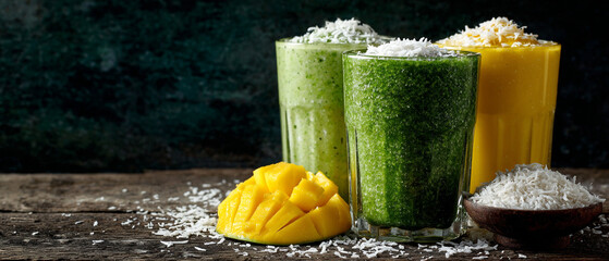 Three smoothies in glasses with mango and coconut flakes on a wooden surface against a dark background