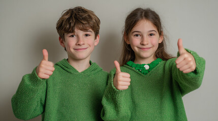 Two children in green sweaters giving thumbs up against a neutral background smiling at the camera