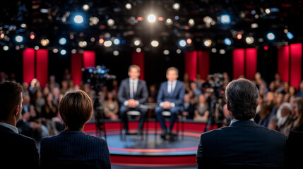 Intense televised political debate with candidates seated on stage, spotlight shining, audience watching attentively, cameras capturing every detail