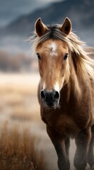 Fototapeta premium Beautiful brown horse running in a golden field with mountains in the background during a cloudy afternoon