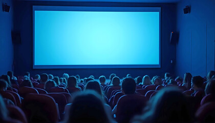Obraz premium Modern movie theater with seats large blank screen and ambient blue lighting ready for film screening