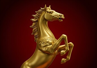 Fototapeta premium Stylized gold horse sculpture on red backdrop symbolizing 2026 Chinese zodiac Year of the Horse