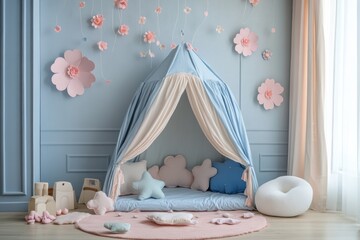 A children's room with a blue and beige canopy and pink flower decorations on the wall