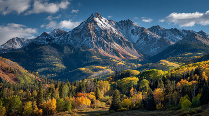 A scenic view of snow capped mountains with autumn foliage and a cloudy blue sky in the background