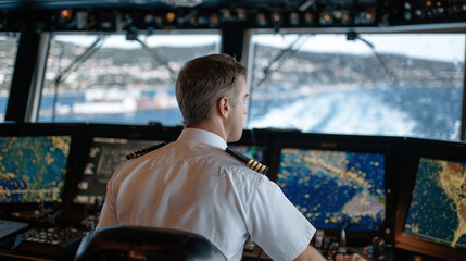Obraz na płótnie Canvas Ship captain on bridge overlooking radar screens and navigation instruments, guiding vessel through congested shipping lanes
