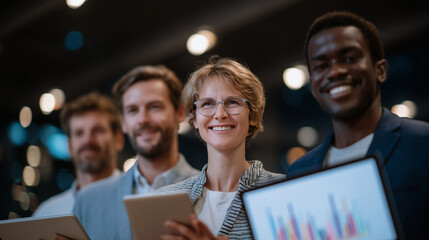 Young diverse startup team working together on digital tablets and laptops, colorful graphs and user interface mockups on screens