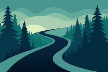 misty road through dense pine forest