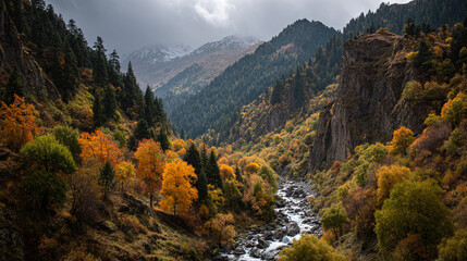 A view of a river flowing through a mountain valley with trees in autumn colors and cloudy sky above